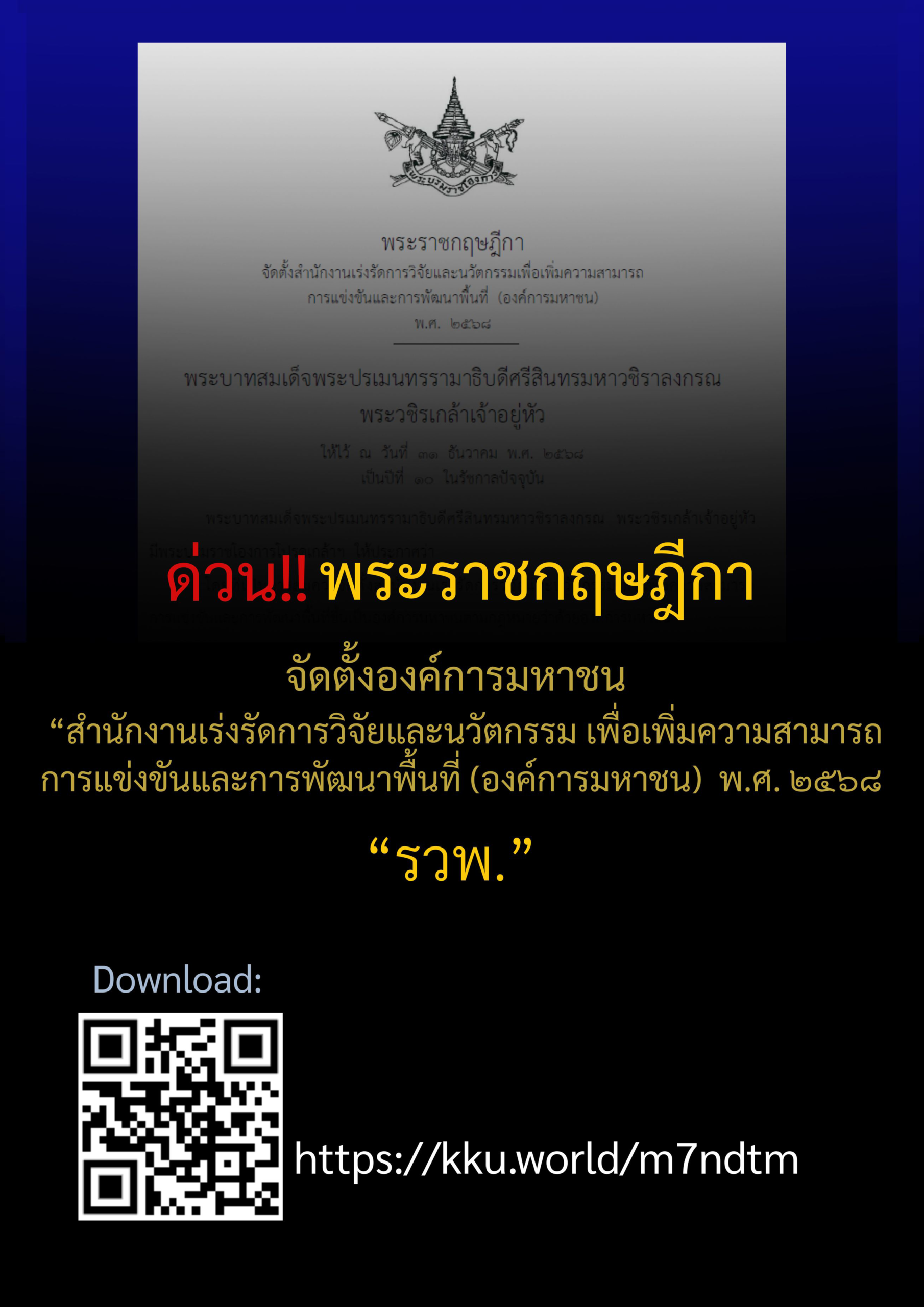 พระราชกฤษฎีกาจัดตั้ง “สำนักงานเร่งรัดการวิจัยและนวัตกรรมเพื่อเพิ่มความสามารถการแข่งขันและการพัฒนาพื้นที่ (องค์การมหาชน)” พ.ศ. 2568