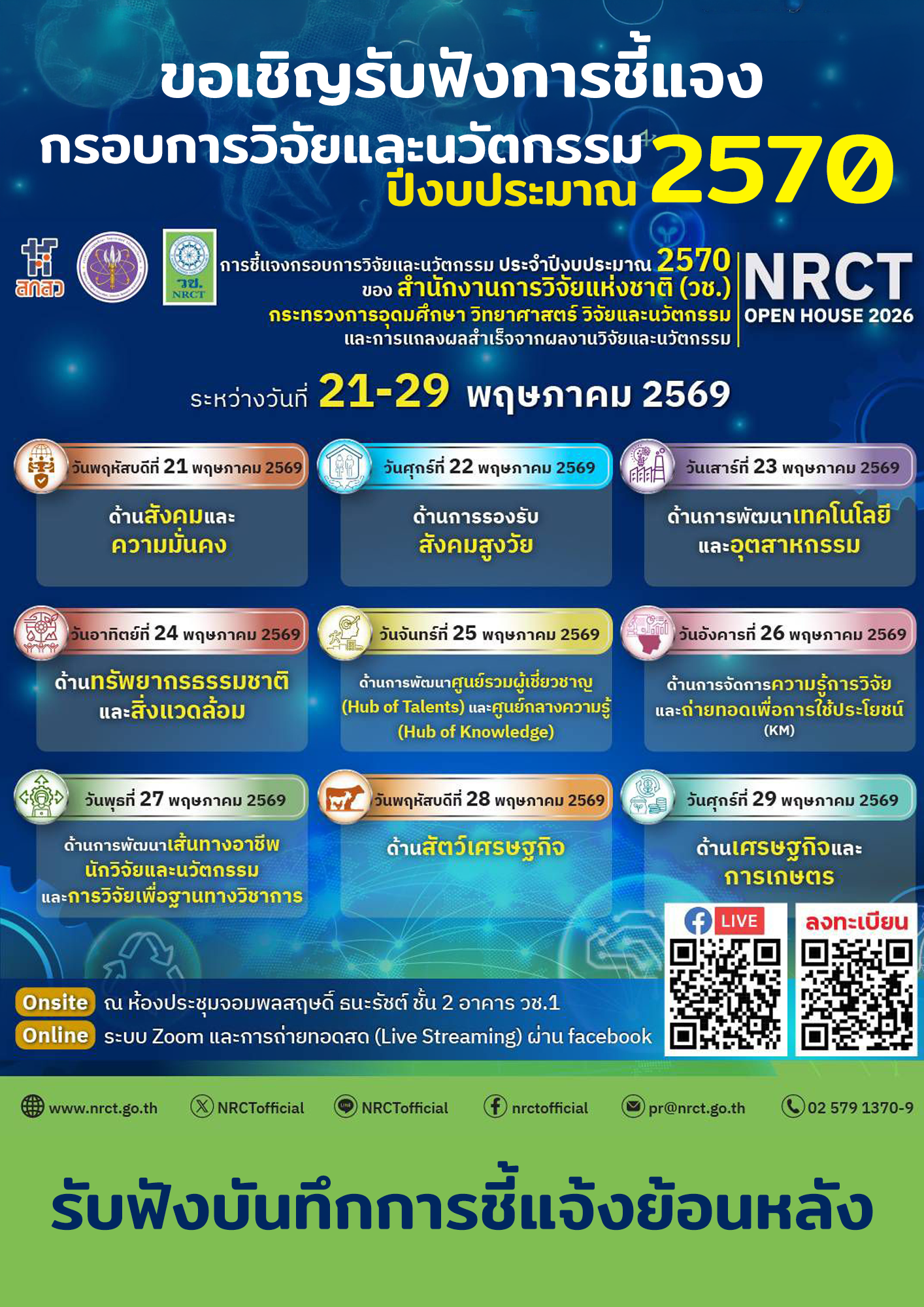 [บันทึกย้อนหลัง] สำนักงานการวิจัยแห่งชาติ (วช.) ขอเชิญเข้าร่วมรับฟังการชี้แจงกรอบการวิจัยและนวัตกรรม ของสำนักงานการวิจัยแห่งชาติ (วช.) ประจําปีงบประมาณ 2570 (NRCT Open House 2026)